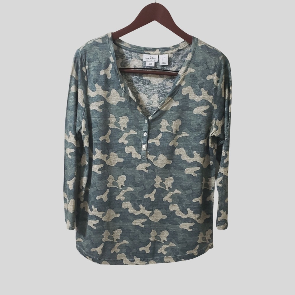 Nicole Miller New York 100% Linen Camo Henley Top Green Medium Long Sleeve